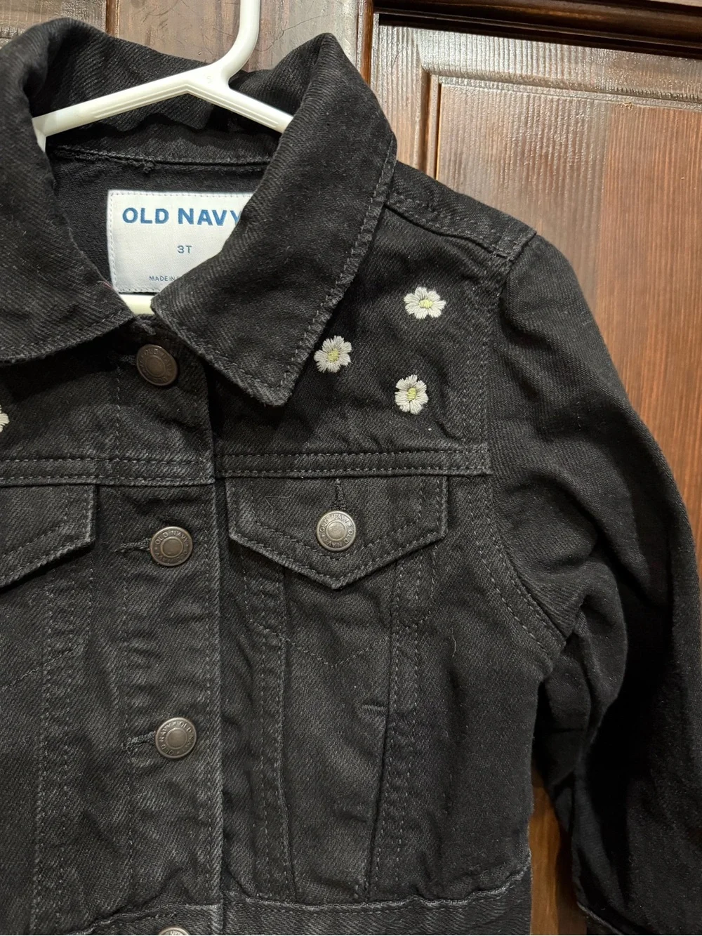 Old Navy Black Denim Jacket with White Daisy Accents
